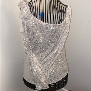 CeCe Silver Asymmetrical Sequin Blouse